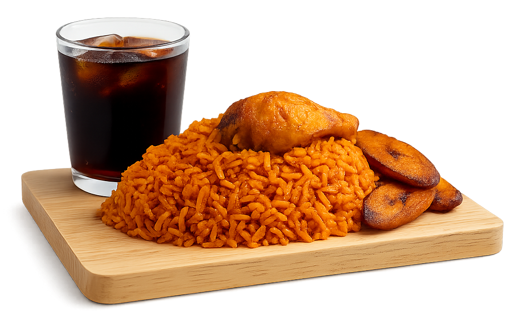 A plate of Jollof rice with chicken and plantains