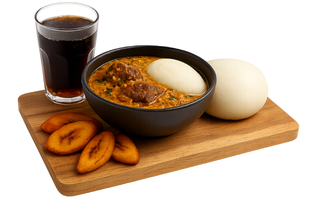 A bowl of African stew with fufu